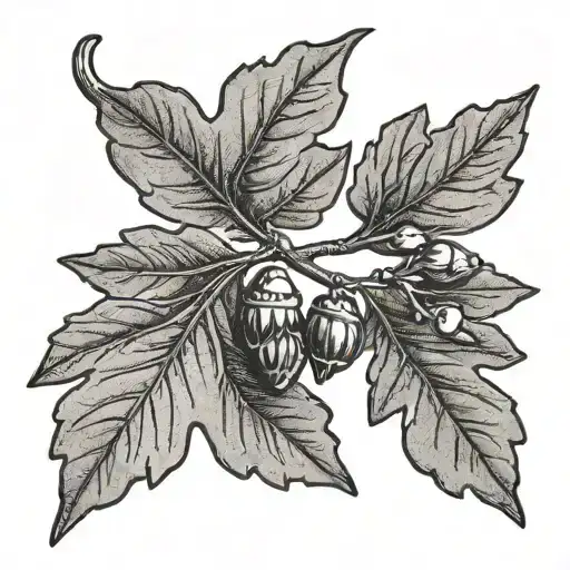 Oak Leaf Sprig With Two Acorns Hanging