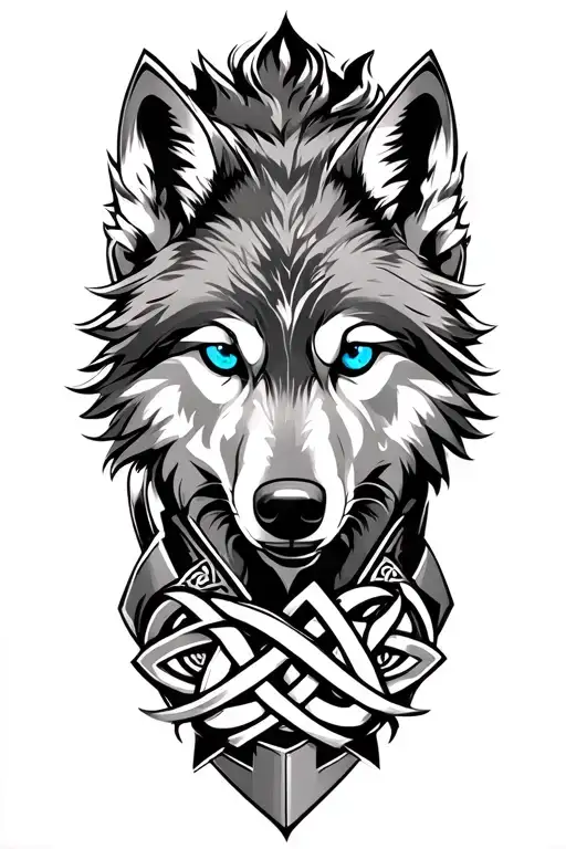 Wolf With Blue Eyes On Armor Tattoo Design Featuring Celtic Trinity Knot