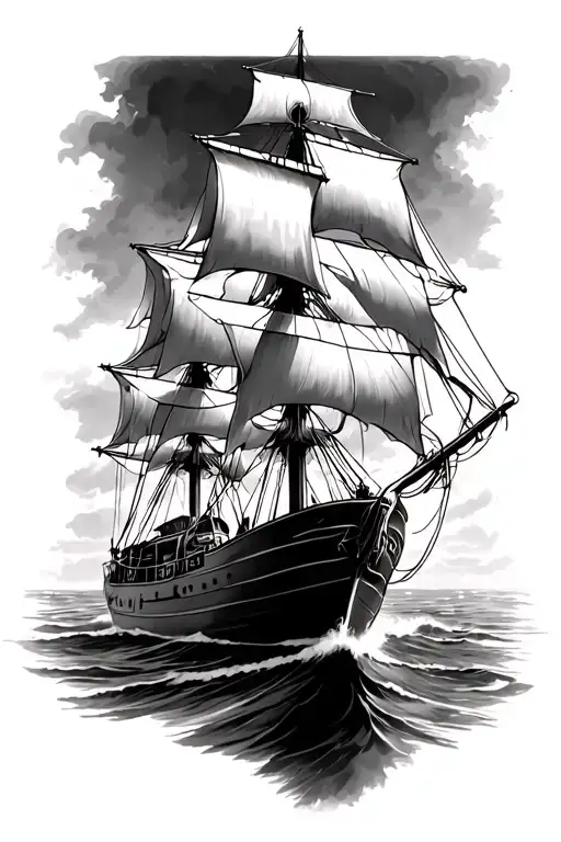 Tall Ship Sailing Away Seen From Behind