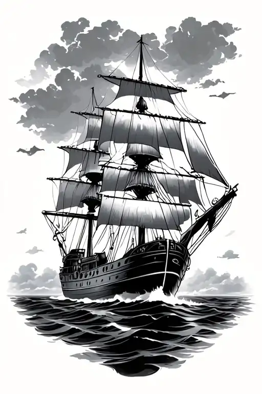 Tall Ship Sailing Away Seen From Behind