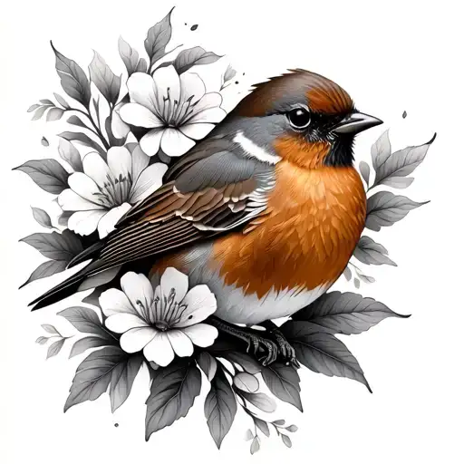 Robin And Flowers Blooming