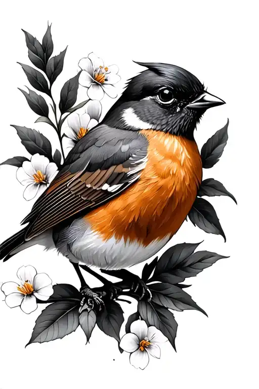 Robin And Flowers Blooming