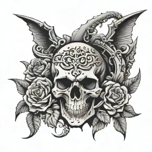 Skull And Bones Over A Kracken On A Background Of Roses