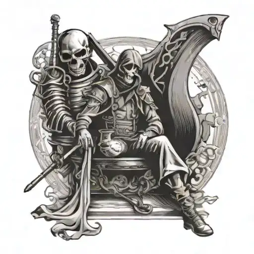 Death With A Scythe Sitting Across Table From Soldier With A Gun Playing Cards