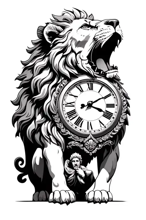 Imposing Lion With Open Mouth With Roman Figure Clock With Figure Going Behind