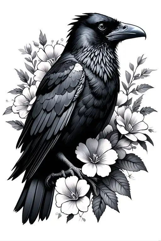Raven Surrounded By Flowers