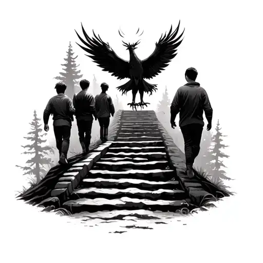 Pheonix Rising Over 4 Boys Walking Up Forest Stairs And Path