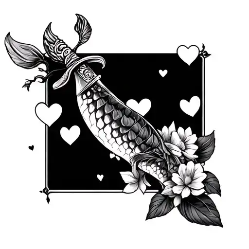 Dagger In Holster With Flowers Hearts And Koi On Thigh