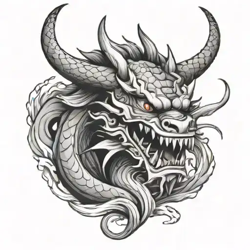 Dragon And Hannya Mask With Waves