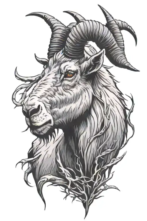 Scary Mountain Goat With Thorns Around Its Neck