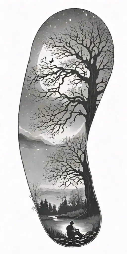 A Black And Grey Tattoo Of A Star Gazing Scene With A Silhouette Of A Person Reading Under A Tree