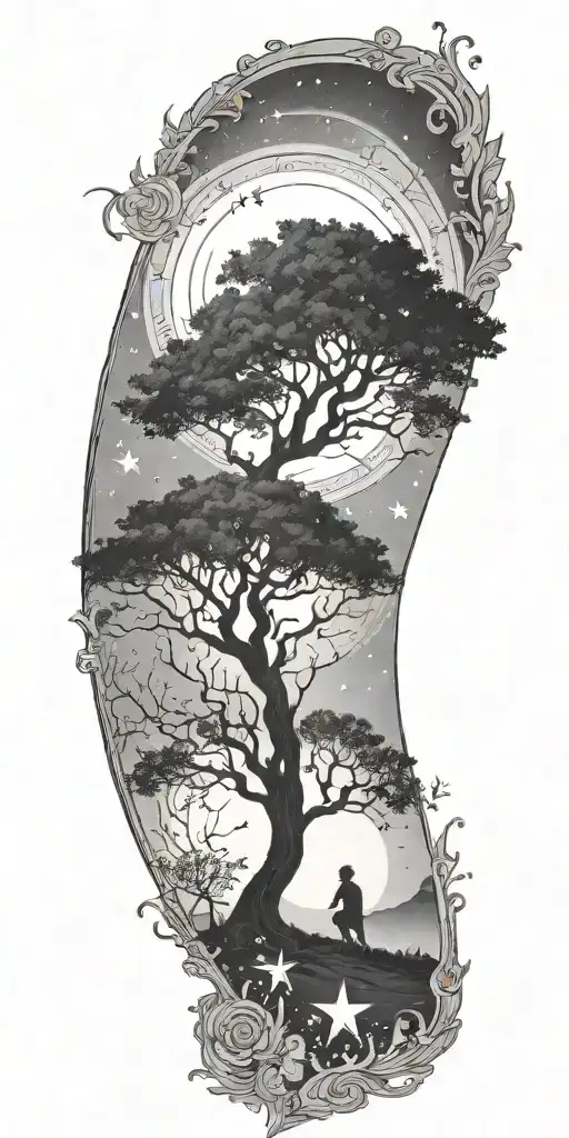 A Black And Grey Tattoo Of A Star Gazing Scene With A Silhouette Of A Person Reading Under A Tree