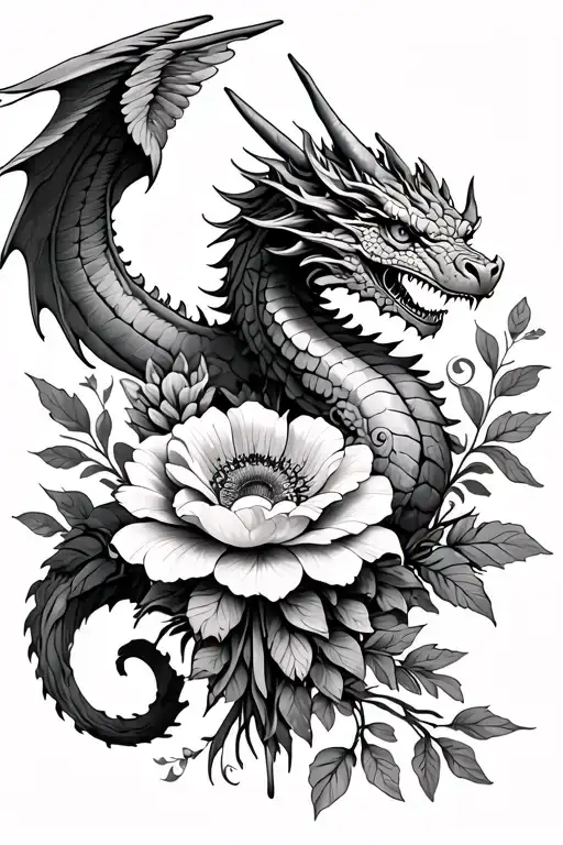 Winged Dragon Tattoo With Birth Flower Bouquet October September And November