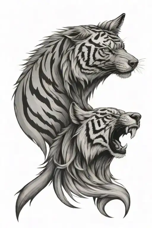 Wolf Head And Tiger Head Tattoo Holding