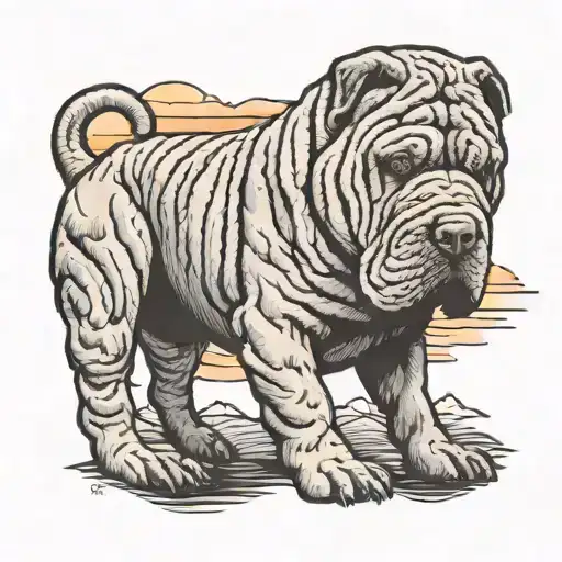 Dark Brown Shar Pei Dog With Orange Dusk Landscape