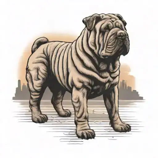 Dark Brown Chinese Shar Pei Dog With Orange Dusk Landscape