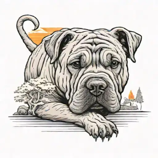 Chinese Shar Pei Dog With Orange Evening Scenery