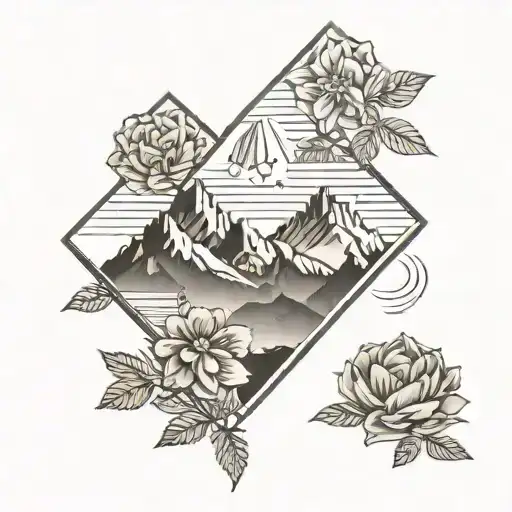 An Intricate Mountain Range Tattoo With Floral Elements Peeking Through The Peaks