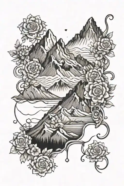 An Intricate Mountain Range Tattoo With Floral Elements Peeking Through The Peaks