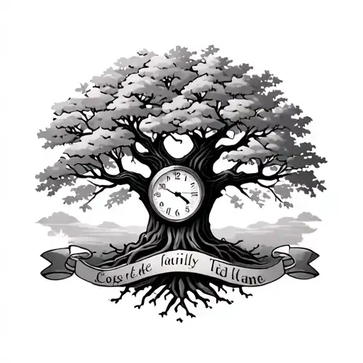 Family Tree With Clock And Name Banners