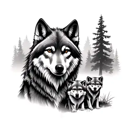 Wolf With 3 Cubs With Forest Landscape