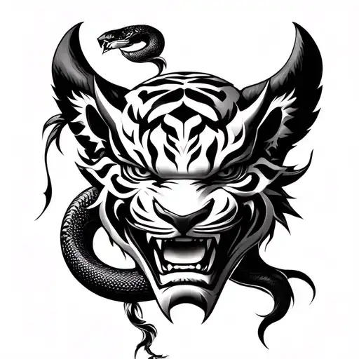 Japanese Oni Mask With Ectriting And Tiger And Snake