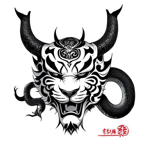 Japanese Oni Mask Handwritten Cuff With Ectriture And Tiger And Snake