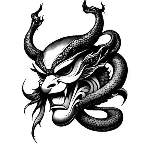 Japanese Oni Mask Handwritten With Ectriture And Snake