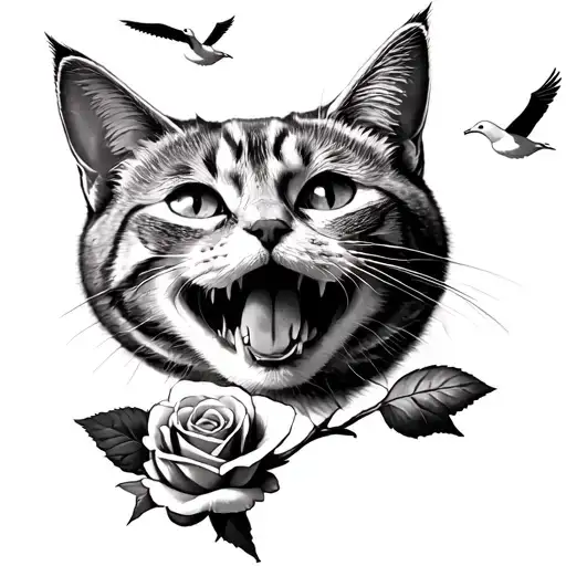 British Shorthair Cat With Rose In His Teeth Grinning With 3 Seagulls Behind Him