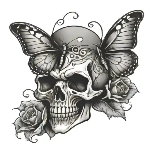 Skull Death's Head With Butterfly And Mustache