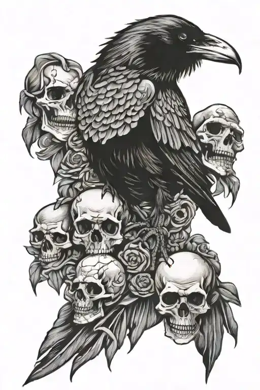 Raven Sitting On Skulls