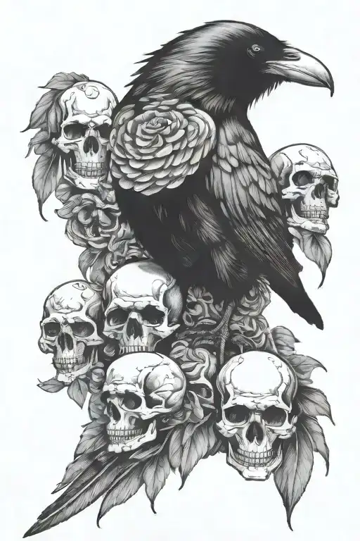 Raven Sitting On Skulls