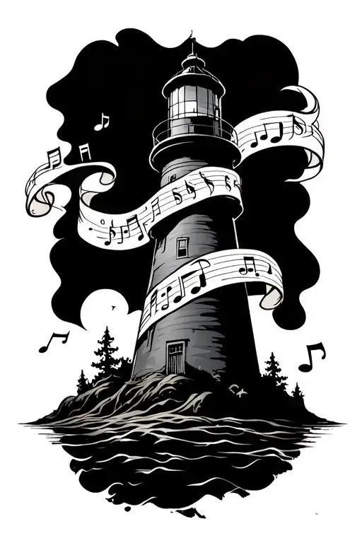 Lighthouse With Music Notes And Banner Wrapped