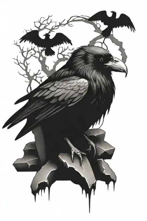 Raven Sitting On Skulls With Gravestones