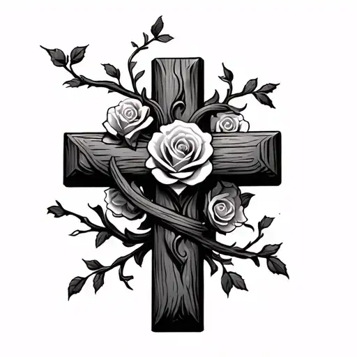 Wooden Cross With Rose Vines Wrapped Around It