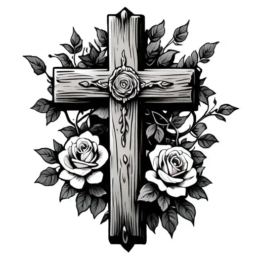 Simple Wooden Cross With Rose Vines Wrapped Around It