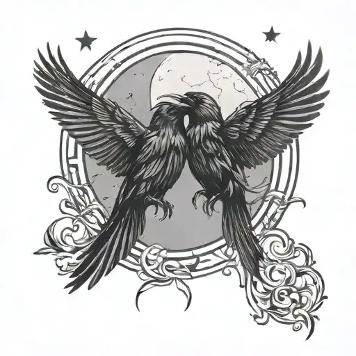 Two Raven Flying Towards The Moon Art Nouveau Style