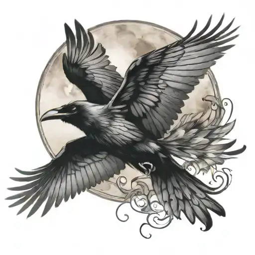 Two Raven Flying Towards The Moon Art Nouveau Style Watercolor Effect