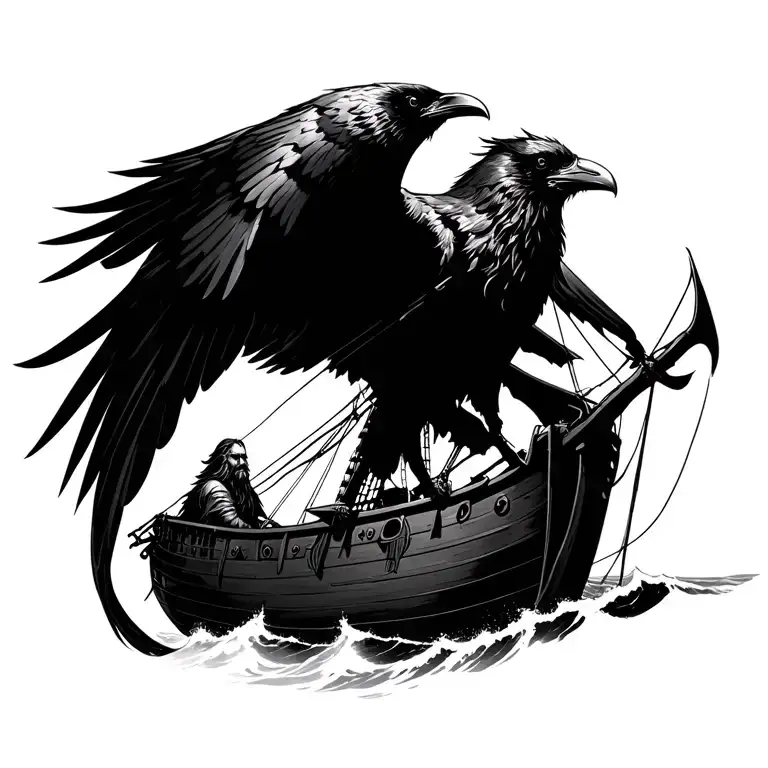Odin's Raven Flying As Odin Looks Down At A Viking Longship