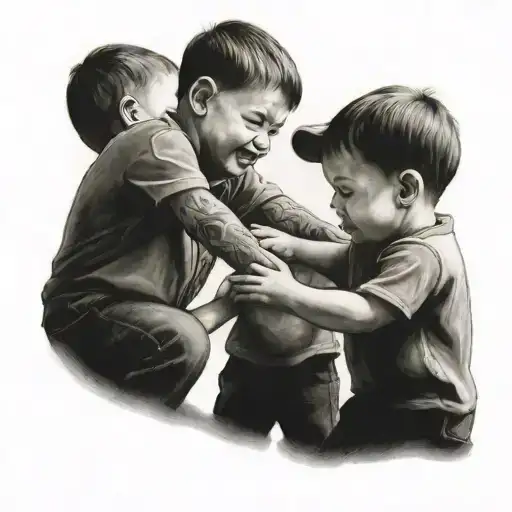 Two Brothers Holding Hands With One Little Kid In The Middle Trying To Grab Them