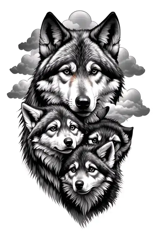 Dad And Mom Wolf Protecting 2 Cubs With 3 Clouds Behind Them
