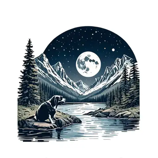 Man Looking At River Mountain River Moon Star Camping Dog