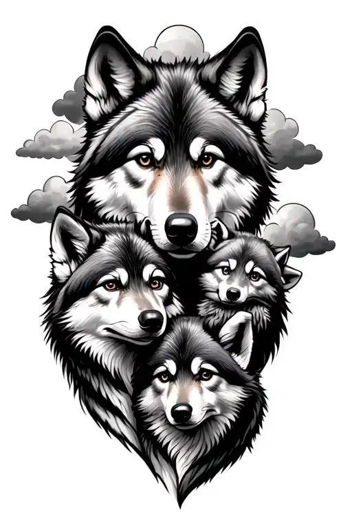 Dad And Mom Wolf Holding 2 Cubs With 3 Clouds Behind Them