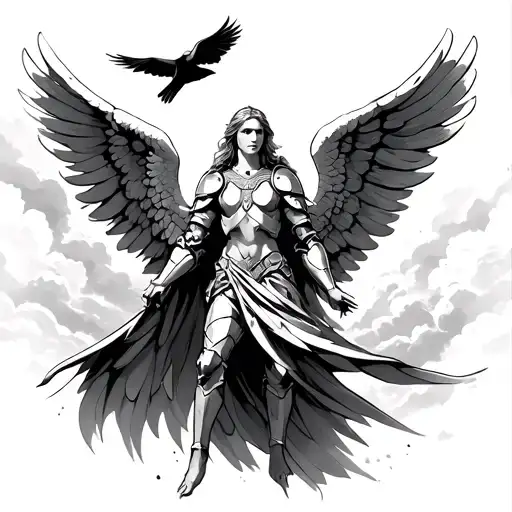 Guardian Angel With Armor And Big Wings And With Bird That Flys Through The Sky