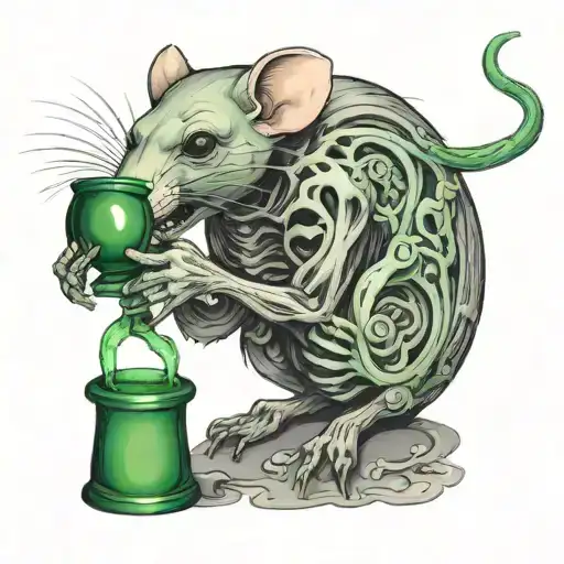 Rat From Skeleton Drinking Green Plasma From A Pipe Over Itself