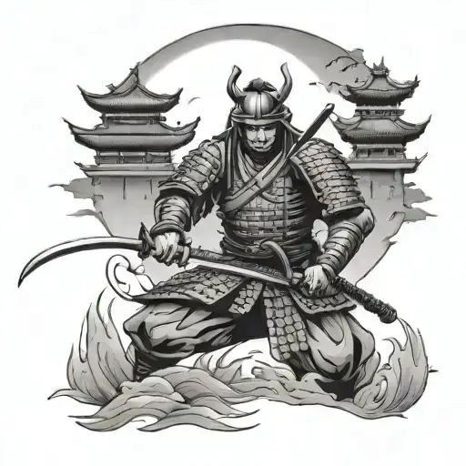 Samurai With Castle And Moon Rising