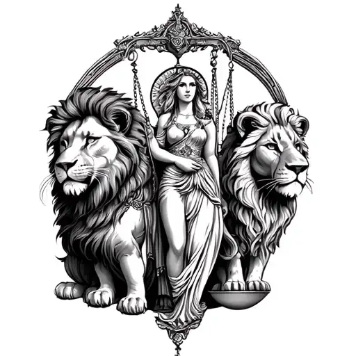 Detailed Fine Line Virgo Maiden With Balancing Scales And A Male And Female Lion