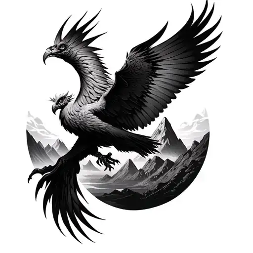 Aggressive Phoenix Flying And Mountains And Mandala