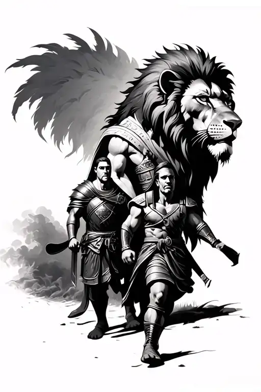 Lion Head With A Gladiator Walking Infront Of The Lion