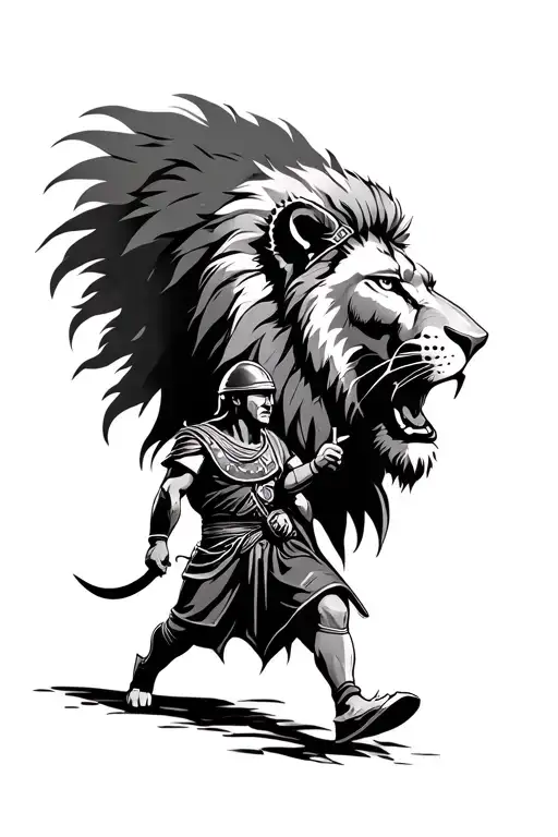 Lion Head With A Gladiator Wearing A Helmet Walking Infront Of The Lion